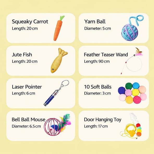 Interactive Pet Toys for Fun Playtime A collection of fun and interactive pet toys, including squeaky carrots, yarn balls, fish, teaser wands, and soft balls designed for cats and other pets.