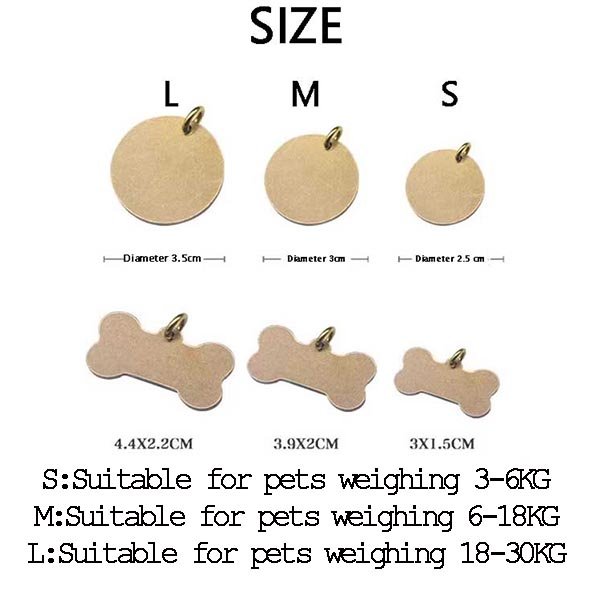 Custom Pet ID Tag Size Guide – Round and Bone Shaped Metal Pet Tags Custom pet ID tag size chart showing multiple metal tag sizes, round and bone shaped personalized pet identification tags for pets
