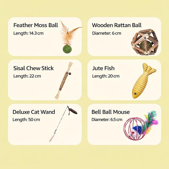 Premium Interactive Pet Toys Collection A selection of interactive pet toys, including feather moss balls, rattan balls, sisal chew sticks, and fish-shaped toys, designed for pet play and stimulation.