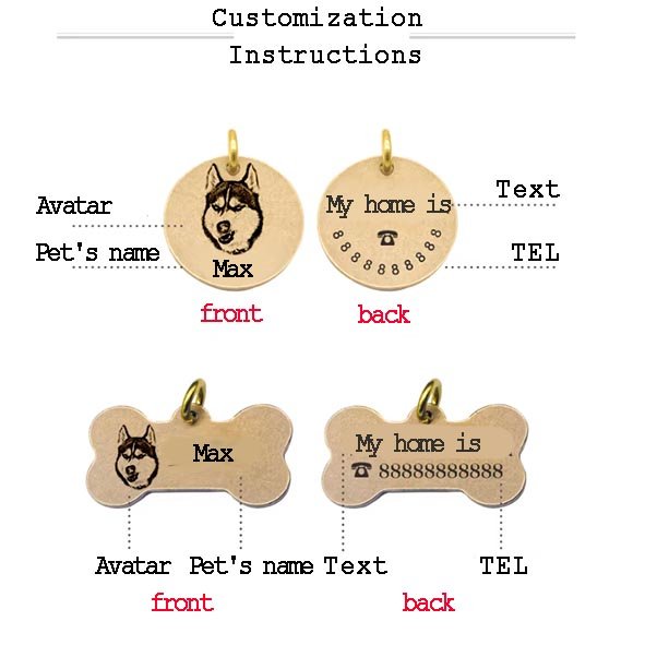 Pet ID tag customization instructions showing front avatar engraving and back text with phone number