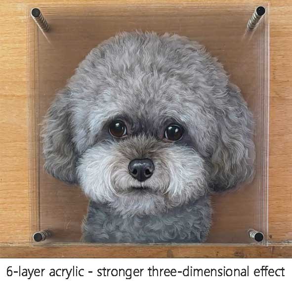 Custom handmade pet portrait on layered glass artwork, featuring a realistic pet illustration created with acrylic paint, suitable for dogs, cats, and other companion animals