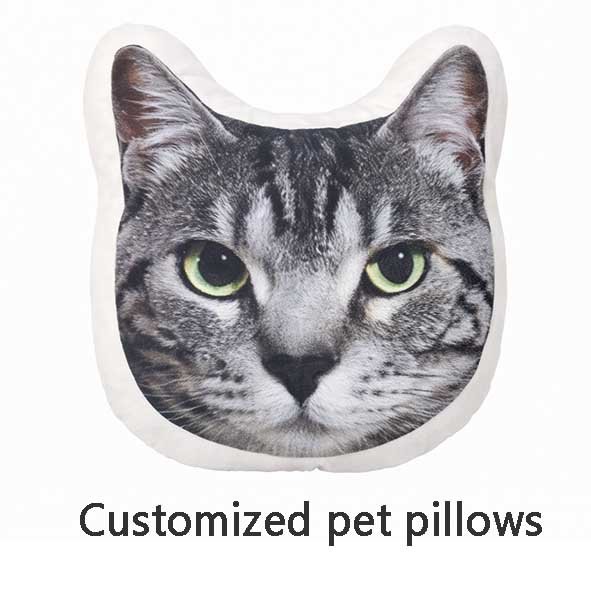 Custom Cat Photo Pillow – Handmade Personalized Pet Cushion Handmade custom pet photo pillow featuring a cat, personalized pet-shaped cushion with realistic facial details on a pure white background