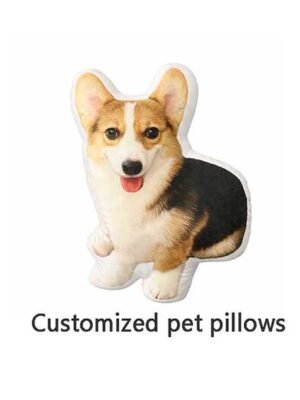 Handmade custom pet photo pillow featuring a dog, personalized pet-shaped cushion created from a real pet photo on a clean white background