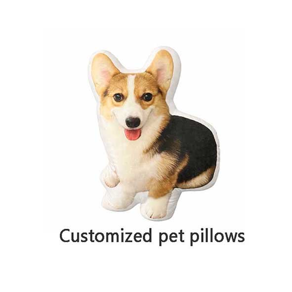 Handmade custom pet photo pillow featuring a dog, personalized pet-shaped cushion created from a real pet photo on a clean white background