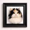 Custom Handmade 3D Needle Felted Calico Cat Portrait Handmade 3D needle felted portrait of a calico longhair cat, custom pet wool sculpture framed in a high-end black frame on a clean white background, showcasing realistic fur texture and expressive eyes.