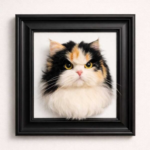 Custom Handmade 3D Needle Felted Calico Cat Portrait Handmade 3D needle felted portrait of a calico longhair cat, custom pet wool sculpture framed in a high-end black frame on a clean white background, showcasing realistic fur texture and expressive eyes.