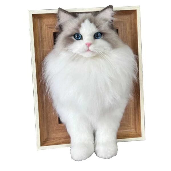 Custom Handmade 3D Needle Felted Ragdoll pet Portrait Handmade 3D needle felted ragdoll pet portrait made from natural wool, custom pet wool sculpture displayed in a high-end black frame on a pure white background, featuring realistic fur texture and bright blue eyes.