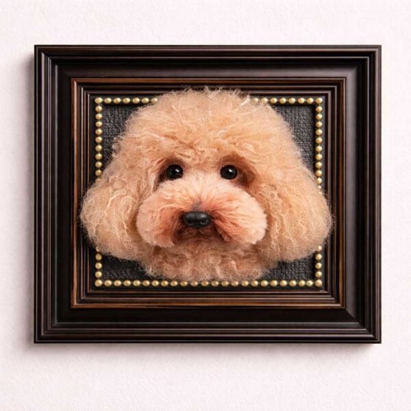 Custom Handmade Toy Poodle Needle-Felted Portrait Handmade 3D needle-felted portrait of a toy poodle in a high-end dark wood frame with antique gold accents, showcasing the lifelike, apricot-colored fur and expressive black eyes against a clean white background. Perfect for custom pet art lovers and wool art enthusiasts.