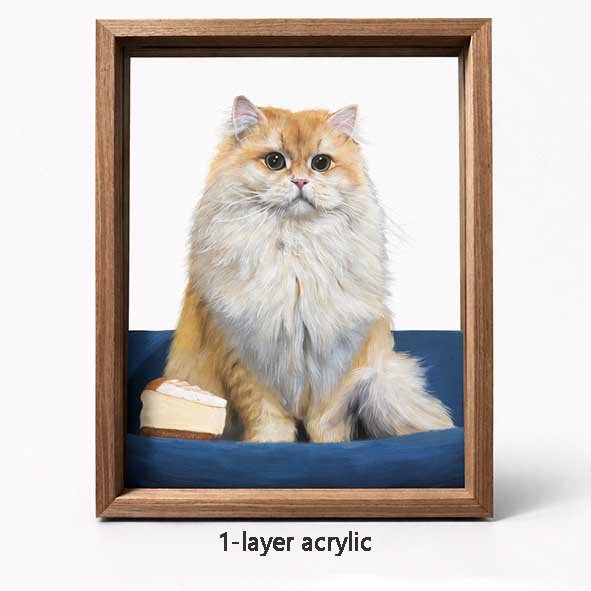 Custom handmade pet portrait artwork on acrylic glass, featuring a realistic pet illustration framed in a premium wooden frame, suitable for dogs, cats, and other beloved pets