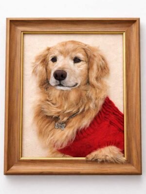 Handmade custom needle felted pet portrait made from wool or preserved fur, realistic animal memorial artwork in premium wooden frame