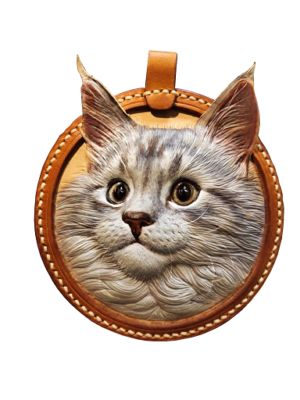 Custom pet leather carving from photo, hand-carved leather cat portrait with realistic fur detail