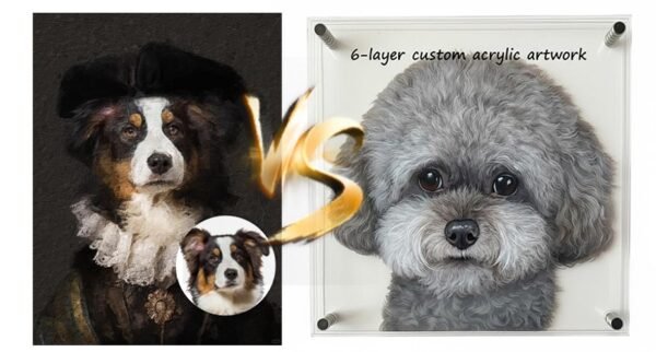 A split comparison between a classic oil-style custom pet portrait of a dog in regal attire and a modern 6-layer custom acrylic pet artwork, illustrating the difference between AI-generated printing and handmade heritage quality.
