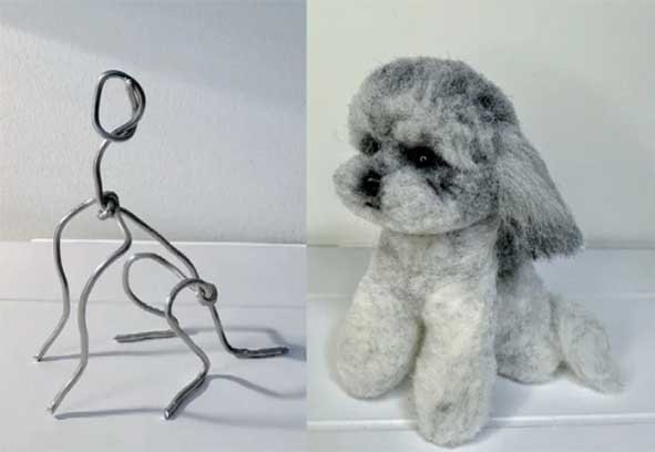 custom felted pets memorial with dog wire frame, felt pet portraits in progress, custom pet portrait online creation, artisan pet memorial, handmade pet art