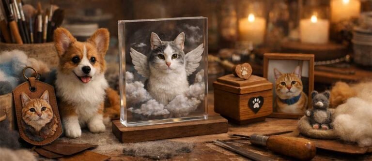 Handcrafted pet memorial artworks displayed in a quiet artisan studio, featuring needle-felted pets, acrylic carvings, and leather pieces, created by beibeicustompet in China for families worldwide.