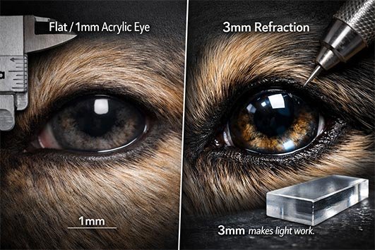 Close-up comparison of 1mm vs 3mm acrylic pet portrait eye showing material thickness, refraction depth, and realistic eye highlight structure in custom pet portrait production