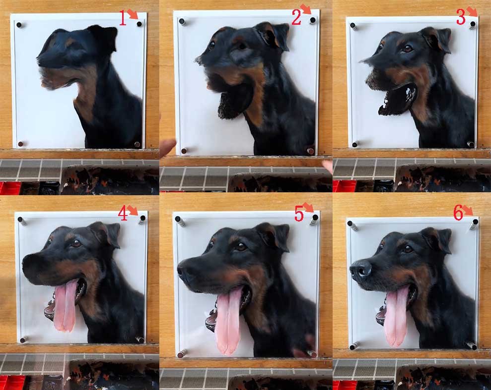 A step-by-step process of creating a 3D pet portrait using a 6-layer layering technique with oil on glass on acrylic. This specialized painting on glass with oil paints offers a durable alternative to traditional custom dog painting for those seeking long-lasting gifts for loss of pet and diy pet memorial ideas