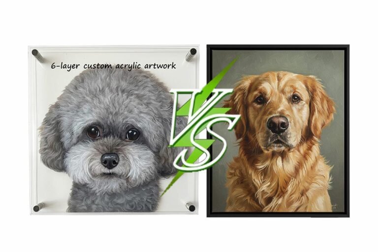 Comparison between a 6-layer custom 3d pet portrait on acrylic glass and a traditional custom dog painting on canvas. Showing a lifelike gray poodle portrait as a unique gift for loss of pet and creative diy pet memorial ideas using oil on glass techniques