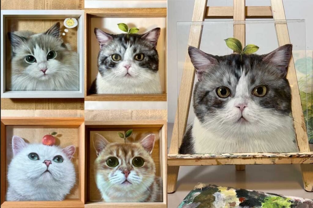 A 3D pet portrait of a cat using oil on glass technique, displayed on a studio wall to demonstrate 5-year durability. This custom dog painting alternative shows no fading or cracking, making it a superior choice for diy pet memorial ideas and lasting gifts for loss of pet