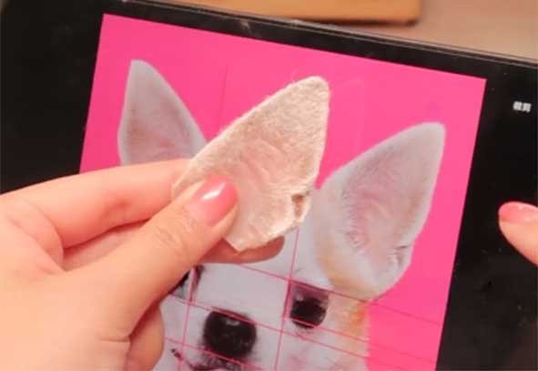 Applying realistic fur backing and wool snippets to a resin clay ear using a 1:1 water-glue mixture for a flexible needle felted pet sculpture.