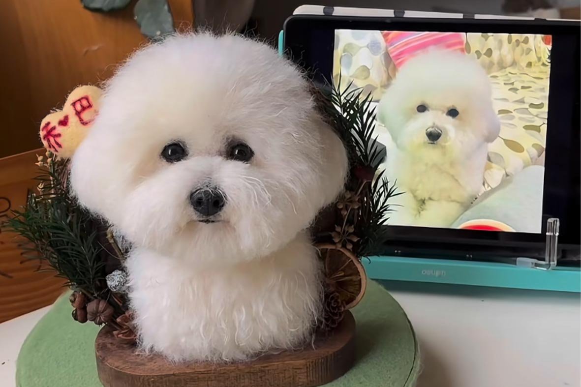 Photo of a real pet next to a handmade needle felted sculpture, showcasing the striking likeness and unique artistry of personalized pet gifts.