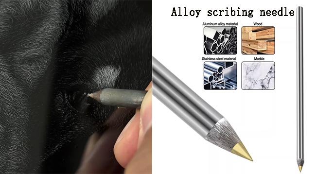 Using a Tungsten Carbide Scribe (HRA 90) to engrave realistic 3D eyes on a custom acrylic pet portrait, creating a 0.5mm micro-groove for lifelike tear film reflection compared to standard X-Acto knife cuts.