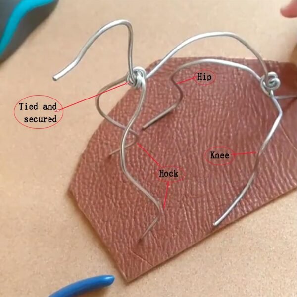 Detailed needle felting armature guide showing cat hind leg anatomy with hip,knee, and hock joint alignment