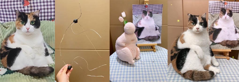 Step-by-step process of creating a custom pet memorial from photo to wirearmature to finished needle felted cat