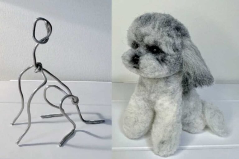 Professional needle felting process showing a custom animal wire armature next to arealistic finished grey and white dog sculpture