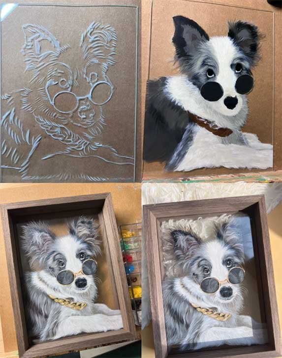 Step-by-step artistic process of a realistic dog portrait for a Blue Merle Border Collie, using 200+ hand-mixed shades for deep color transitions.