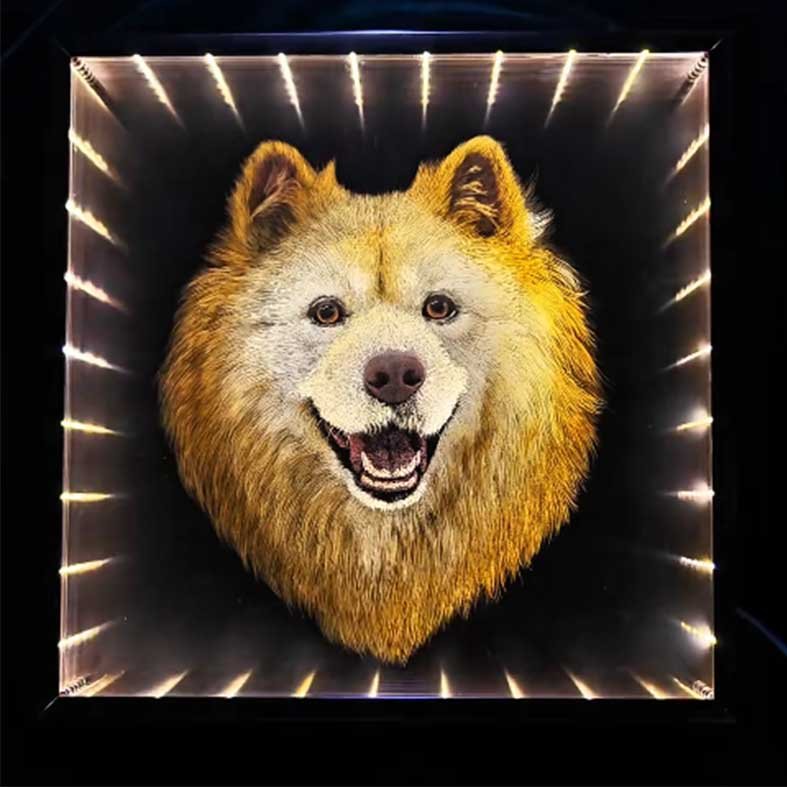 Modern 3D acrylic pet sculpture with LED infinity light effect, personalized golden retriever art for office decor, innovative pet gift.