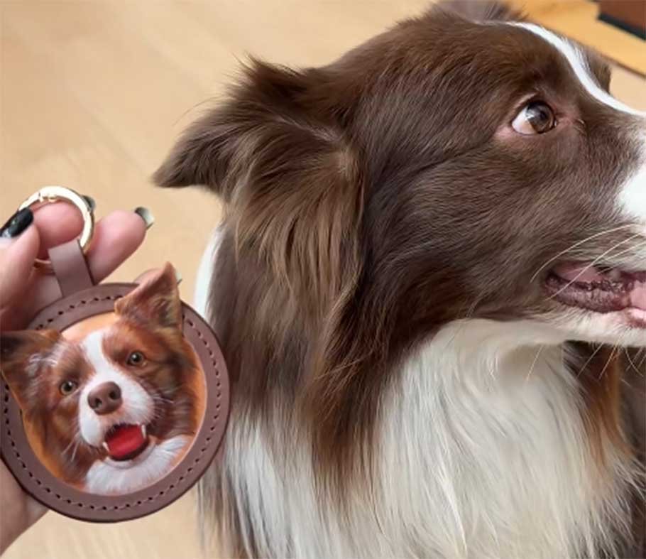 Custom hand-carved leather dog portrait keychain, personalized Border Collie pet gift for dog dads, artisanal leather carving craft.