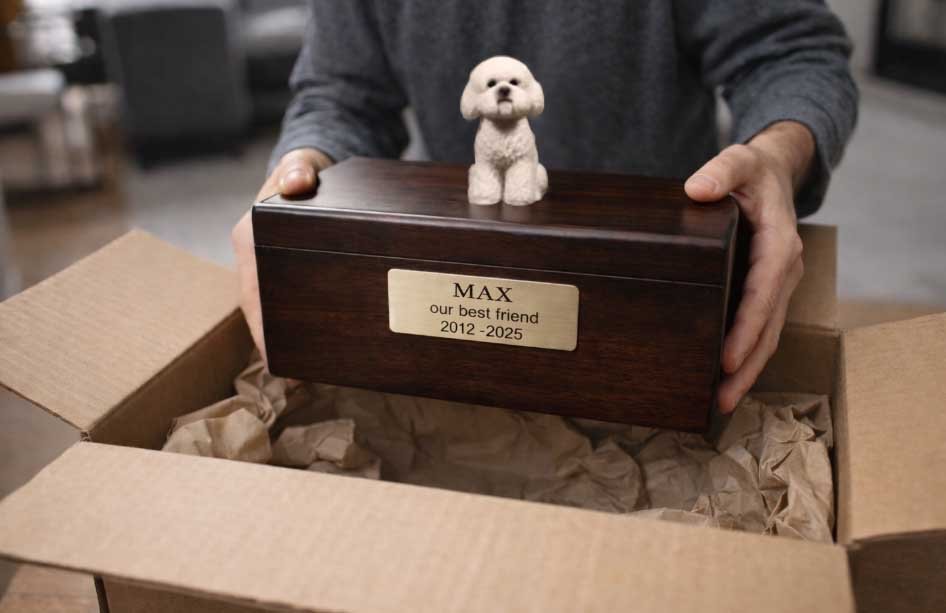Custom wooden pet urn with engraved name Max 2012–2025 in Sydney New South Wales Australia, personalized dog cremation urn displayed in living room, real unboxing July 2025