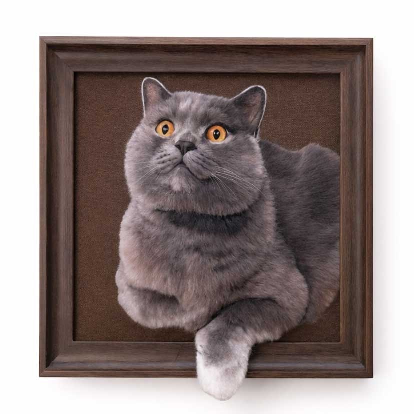 Handcrafted needle felted 3D cat portrait in frame, custom wool felt British Shorthair memorial, tactile pet art gift for cat lovers.