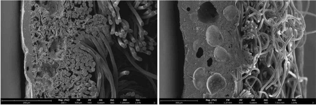 SEM microscopic comparison of leather fibers: Left showing laser-burned carbonization sealing pores; Right showing hand-carved open fiber mesh.