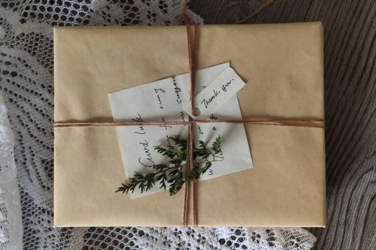 Minimalist brown paper wrapped gift for pet lovers featuring rustic twine, a green sprig, and handwritten thank-you notes, representing unique and handmade pet gift ideas.