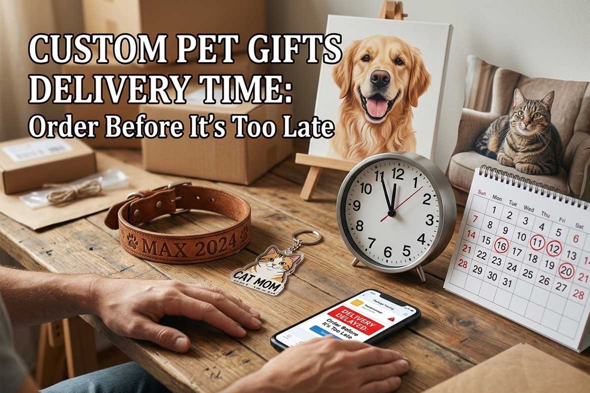 Custom pet gifts delivery time planning calendar with handmade leather collar and pet portraits.