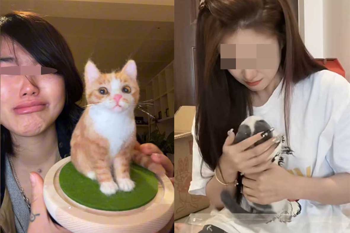 Custom pet portraits from photos real unboxing moment featuring handmade pet memorial gifts including acrylic pet portrait painting, custom pet pillow, needle felted pet sculpture, leather pet portrait, plush pet frame and personalized pet urn