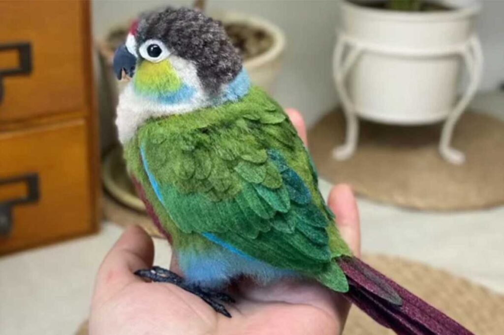 Close-up of a 3D custom pet portrait of a Green-Cheeked Conure held in hand, highlighting the intricate needle-felted feather textures and mixed media acrylic details.