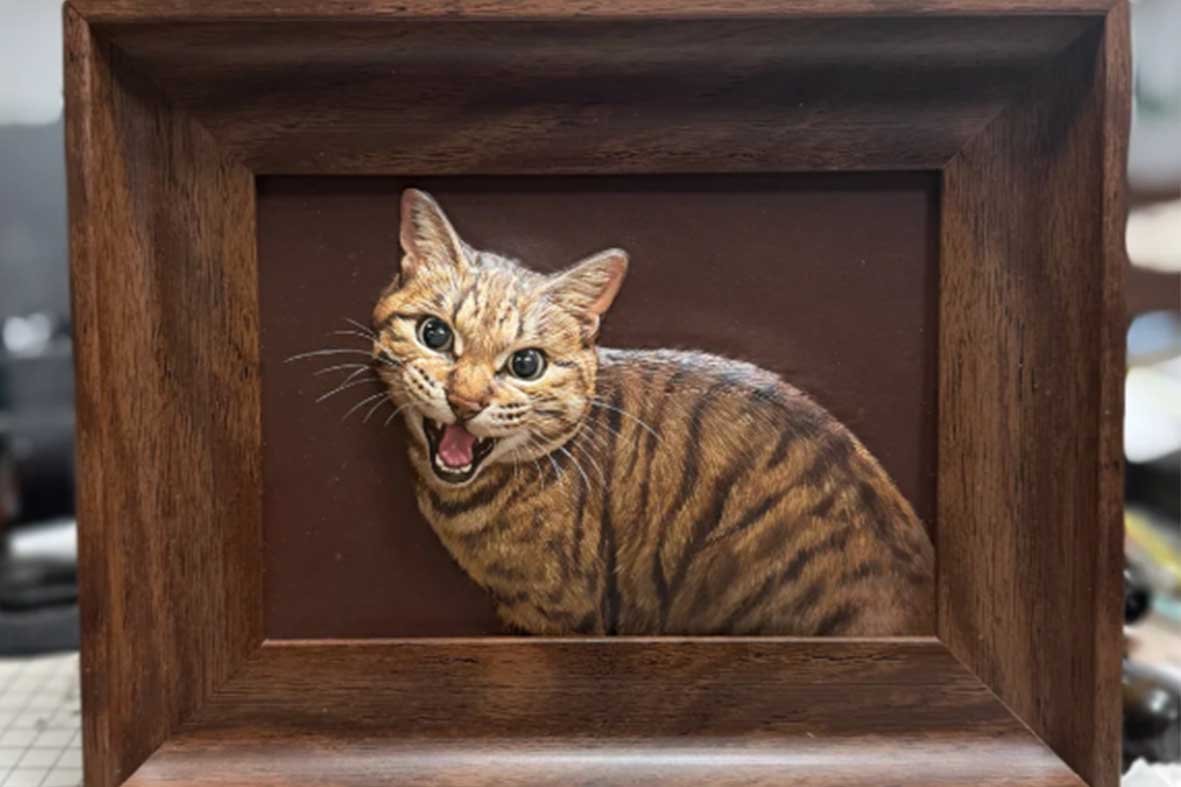 Custom pet memorial portrait in a minimalist solid wood frame, handcrafted artisan pet loss gift.