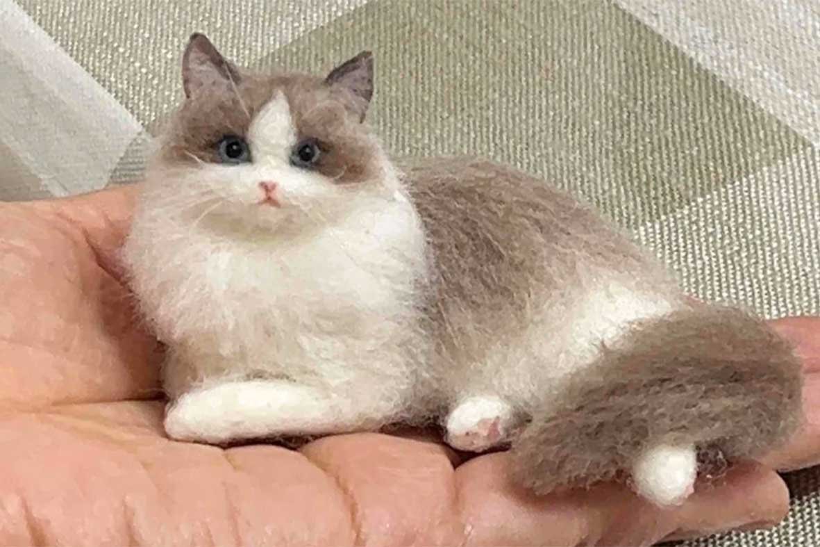 1:10 scale realistic needle felted ragdoll cat miniature handmade pet replica using Corriedale and Merino wool precision techniques.