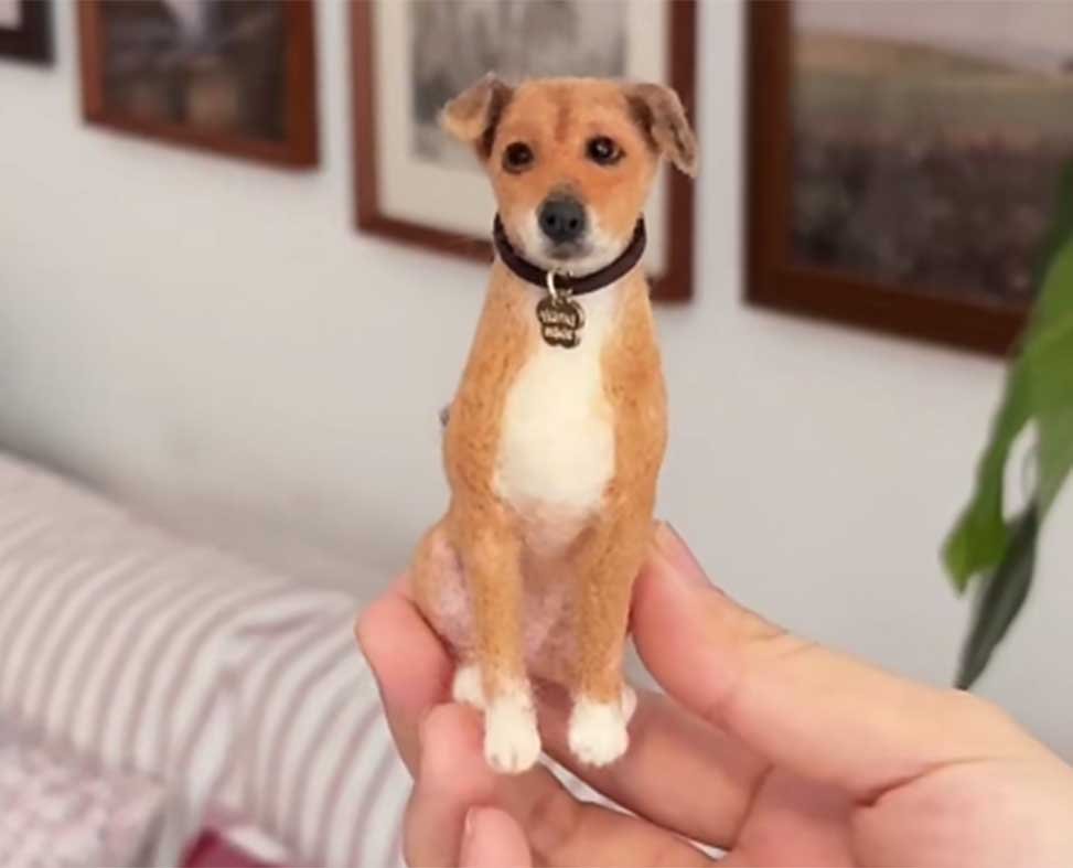 Custom stuffed animal dog and cat needle felted portrait process showing 40+ triangular needle detail work on a tabby cat miniature.