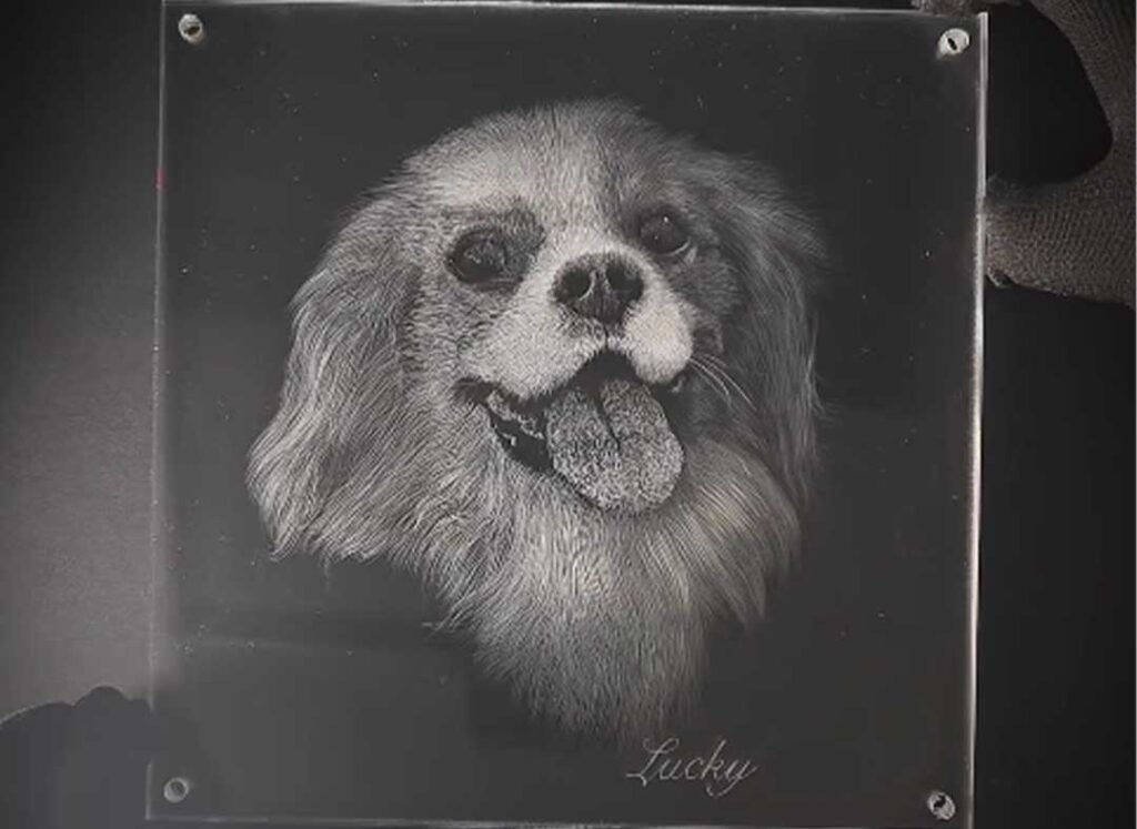 Personalized dog memorial art on acrylic with name "Lucky", showing controlled translucency and softened edges for grief support.